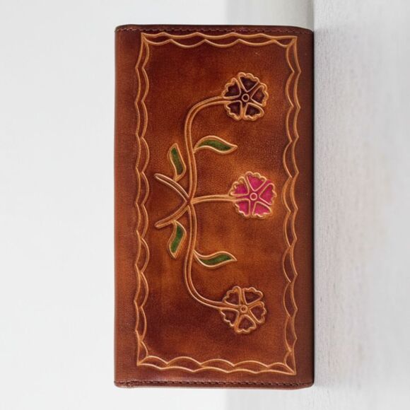Handbags - Vintage Women's Antiqued Brown Genuine Leather Embossed Floral Rare Wallet